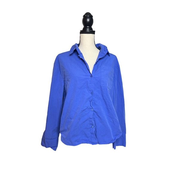 Womens Small Blue Button Front Shirt Long Sleeve Casual Loose Fit Chest Pocket - Picture 2 of 7